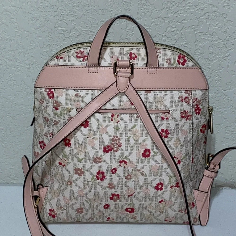 Michael Kors MK Floral Monogram Backpack Bag Purse Pink Leather Trim Gold Accent